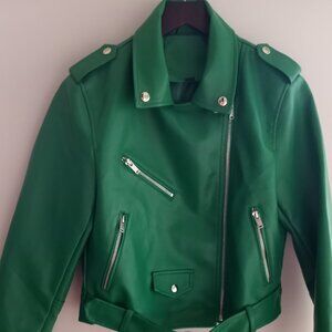Faux Leather Cropped Moto Jacket Green Size L NWOT